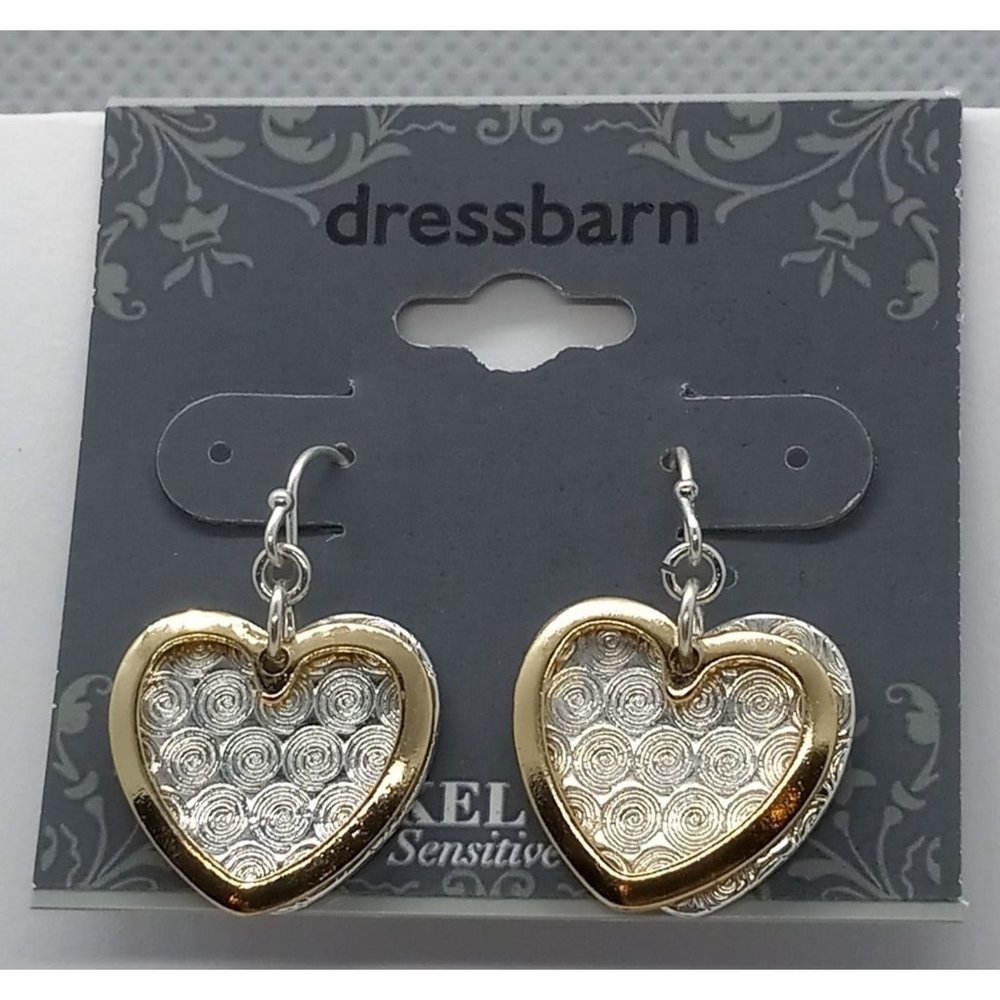 Dressbarn Gold Silver Tone Textured Heart Dangle Drop Layered‎ Wire Earrings